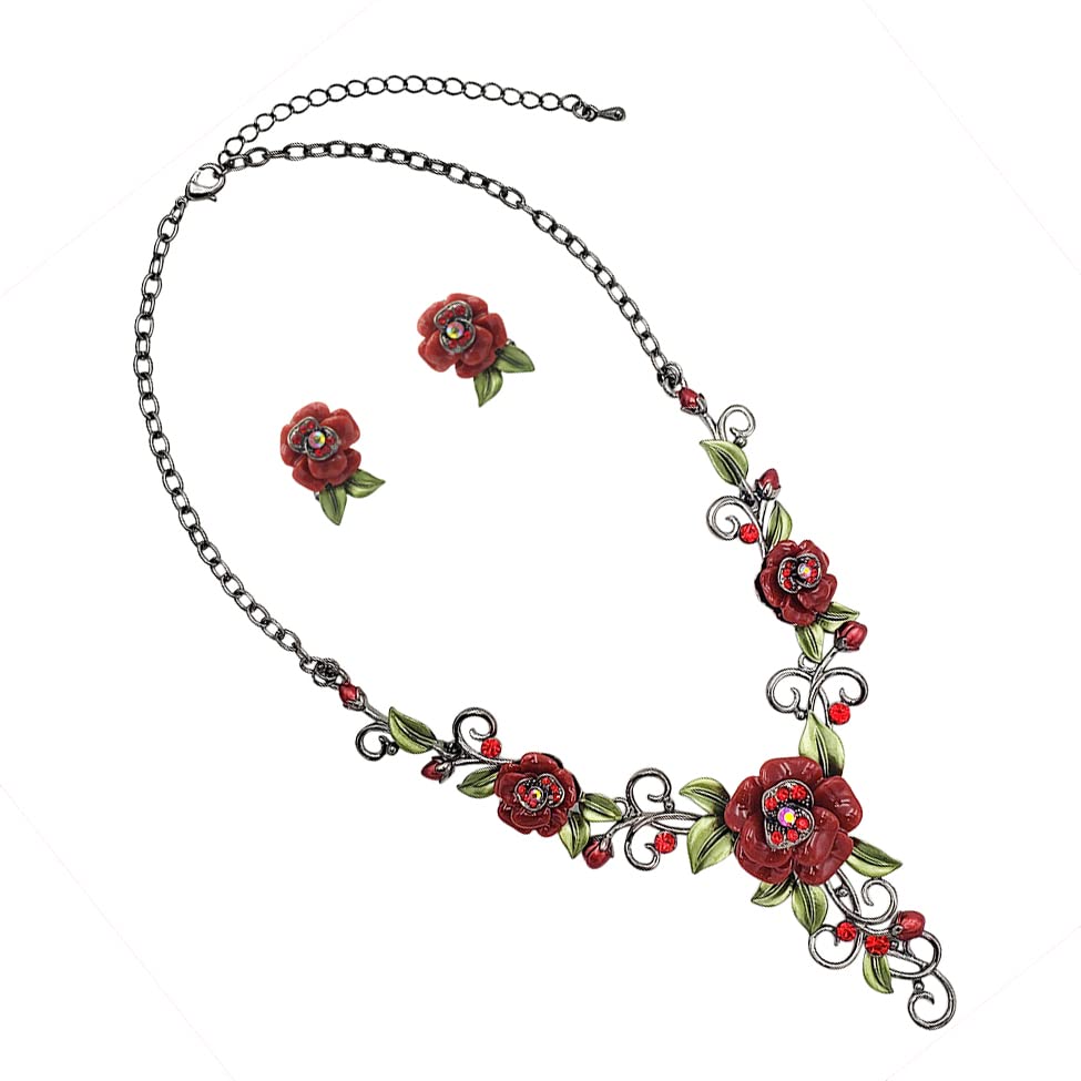 Stunning 3D Metal And Crystal Red Rose And Polished Hematite Vine