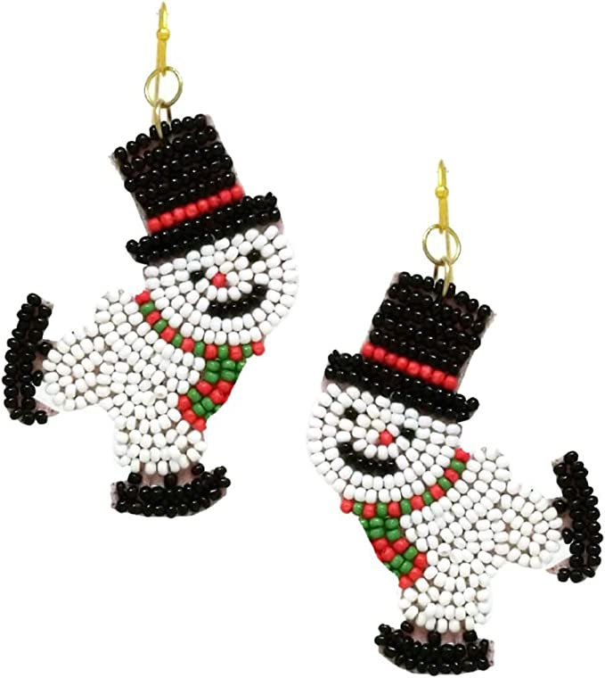 Christmas Holiday Fun And Festive Decorative Wintertime Snowmen Seed Bead Dangle Earrings (2.75, Black Top Hat And Skates)