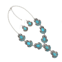 Stunning Statement Vintage Western Style Semi Precious Turquoise Howlite Stone Y-Drop Necklace Earring Gift Set, 24"+3" Extender