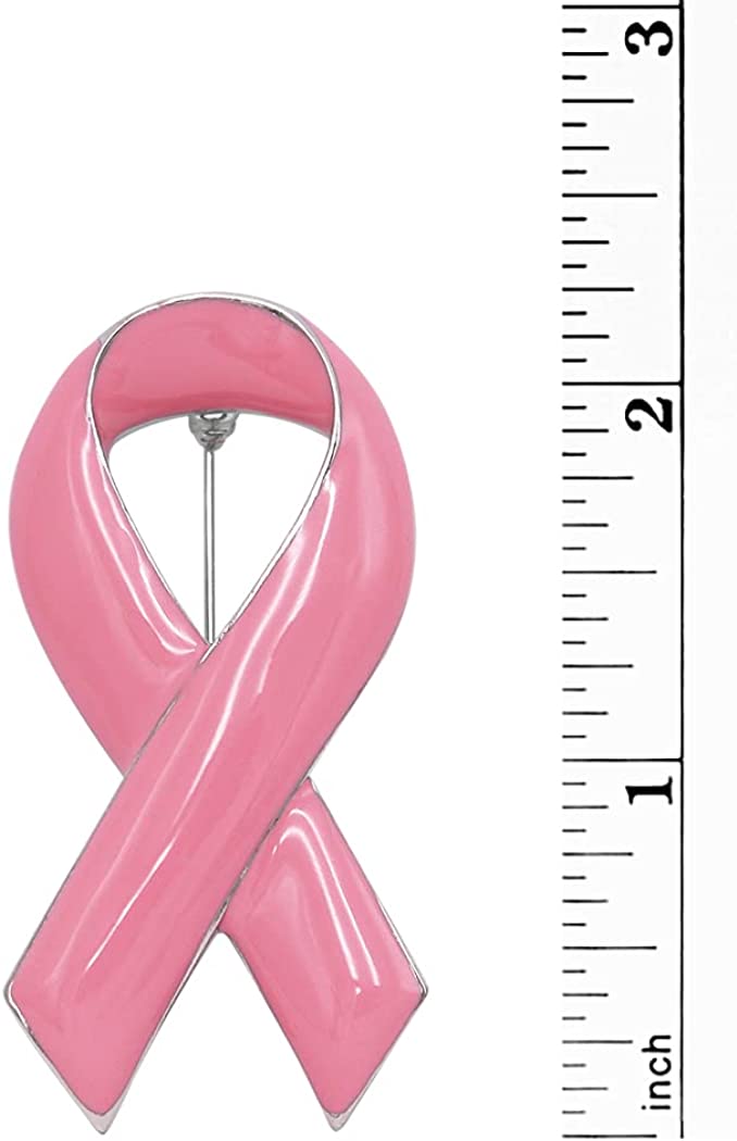Statement Pink Ribbon Breast Cancer Awareness Enamel Lapel Pin Brooch, 2.25" (Silver Tone)