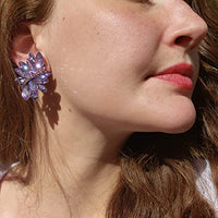Dazzling Crystal Marquis Leaf Cluster Statement Clip On Earrings, 1.87" (Lavender Purple With Rose Pink Crystal Silver Tone)