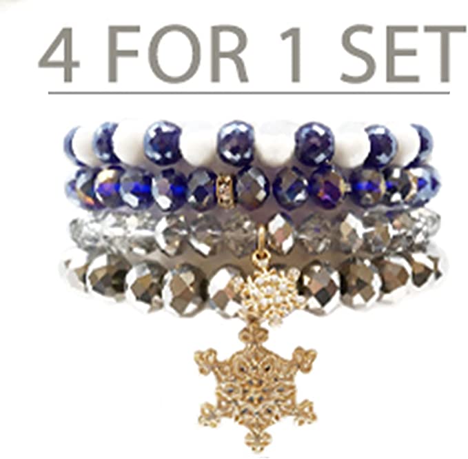 Set Of 4 Christmas Fun Faceted Crystal Bead Stacking Stretch Holiday Charm Bracelets, 6.5" (Winter Mix Blue Silver Crystals With Gold Snowflakes)