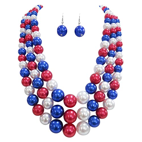 Colorful Multi Strand Simulated Pearl Necklace And Earrings Jewelry Gift Set, 18"+3" Extender (USA Red White & Blue Silver Tone)