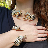 Stunning Three Dimensional Crystal Encrusted Double Tiger Hinged Cuff Bracelet, 6.75" (Gold Tone)