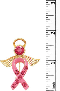 Gold Tone Breast Cancer Awareness Pink Ribbon Enamel And Crystal Angel Brooch Pin, 1.75"