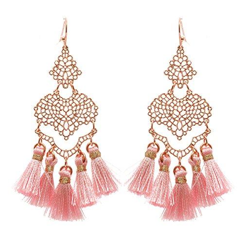 Thread Tassel Filigree Dangle Earrings (Rose Gold Tone/Pink)