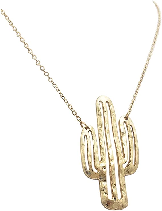 Chic Gold Tone Western Style Textured Metal Cactus Pendant Necklace, 18"+3" Extender
