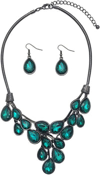 Stunning Teardrop Crystal Holiday Statement Bib Necklace Earrings Gift Set, 13"+3" Extender (Peacock Blue)
