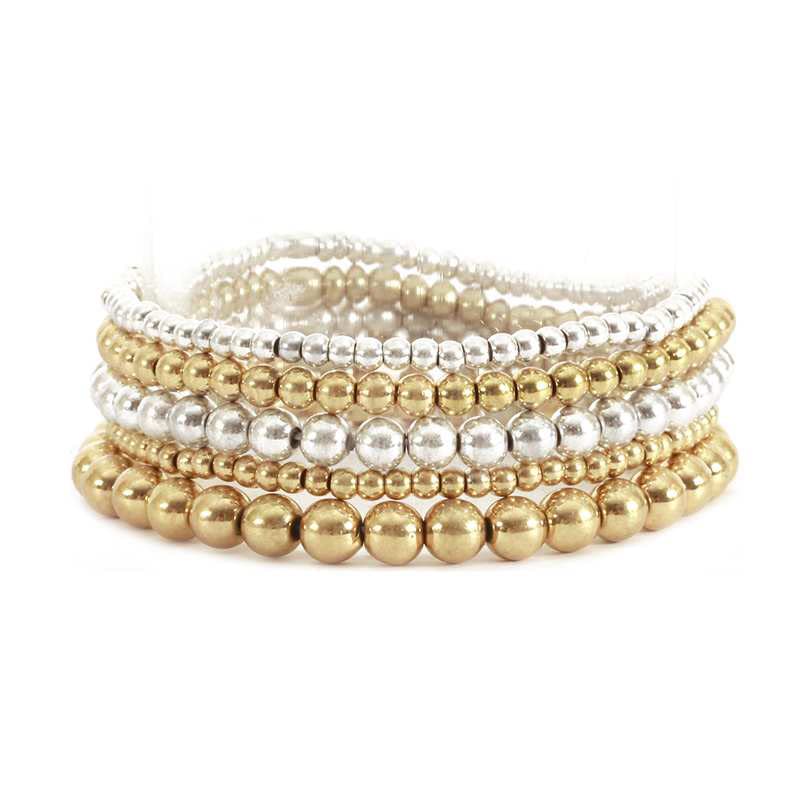 Chic Set of 5 Stacking Metal Bead Stretch Bracelets, 2.5" (Worn Silver And Gold Tone Set)
