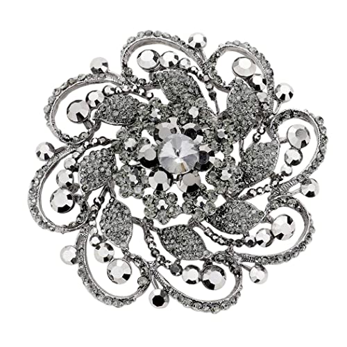 Stunning Vintage Vibes Crystal Flower And Leaf Pinwheel Statement Size Large Brooch, 4" (Black Diamond Crystal Hematite Tone)