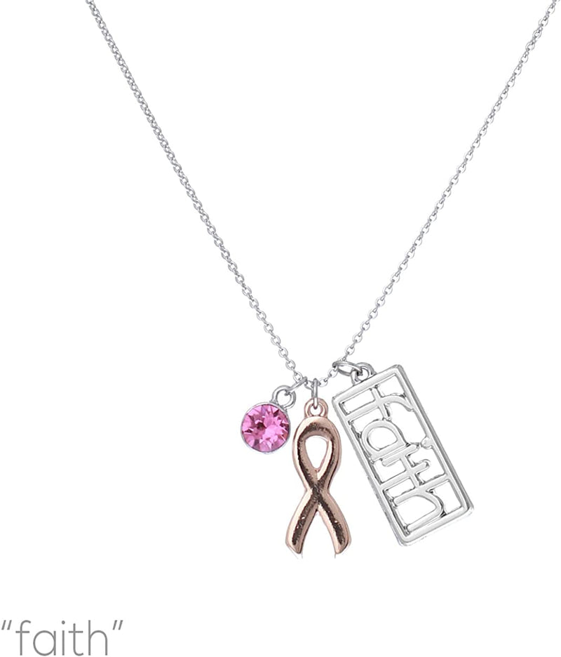 Inspirational Breast Cancer Awareness Pink Ribbon Faith And Crystal Rhinestone Charm Necklace, 18"+2" Extender