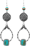 Burnished Silver Tone Western Star Concho Teardrop Hoops With Howlite Stone Earrings, 3.30"