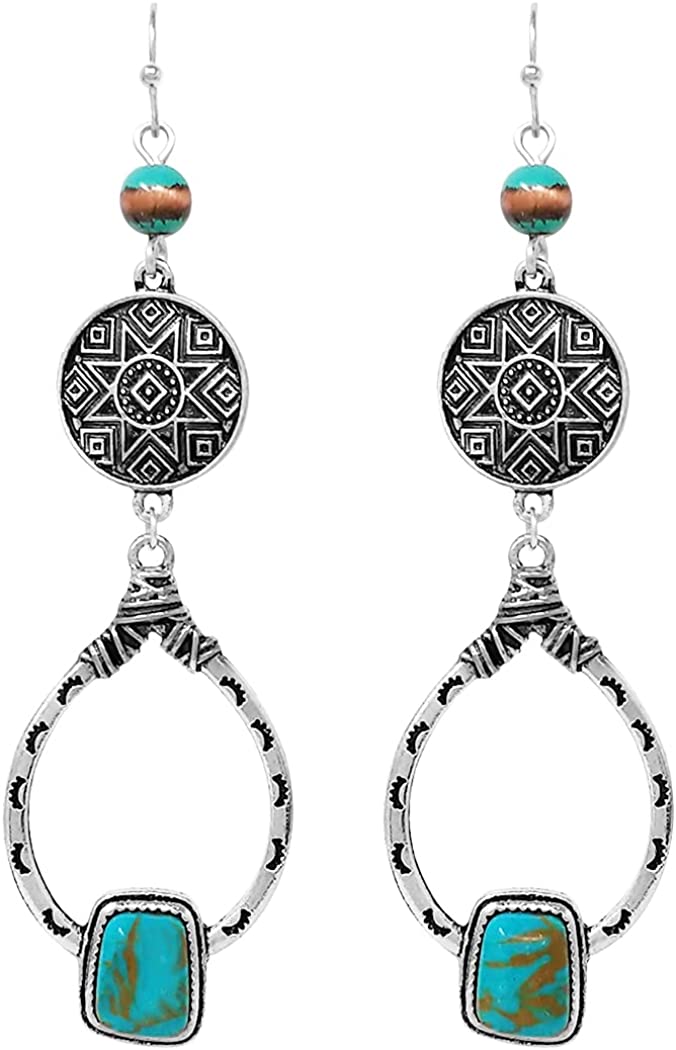 Burnished Silver Tone Western Star Concho Teardrop Hoops With Howlite Stone Earrings, 3.30"