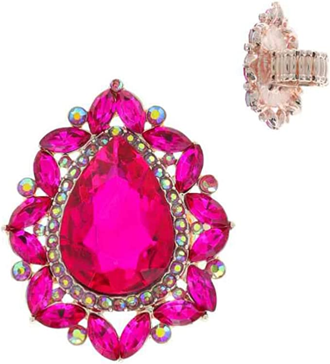 Stunning Statement Teardrop Glass Crystal Stretch Cocktail Ring (Gold Tone Fuchsia Pink Crystal )