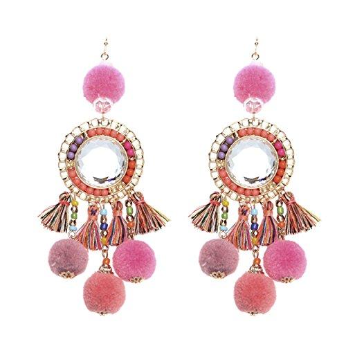 Long Pink and Lavender Pom Pom and Tassel Statement Drop Earrings