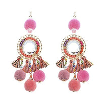 Long Pink and Lavender Pom Pom and Tassel Statement Drop Earrings, 4"