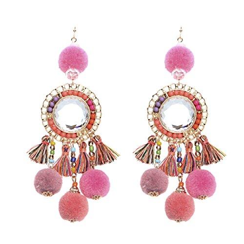 Long Pink and Lavender Pom Pom and Tassel Statement Drop Earrings, 4"