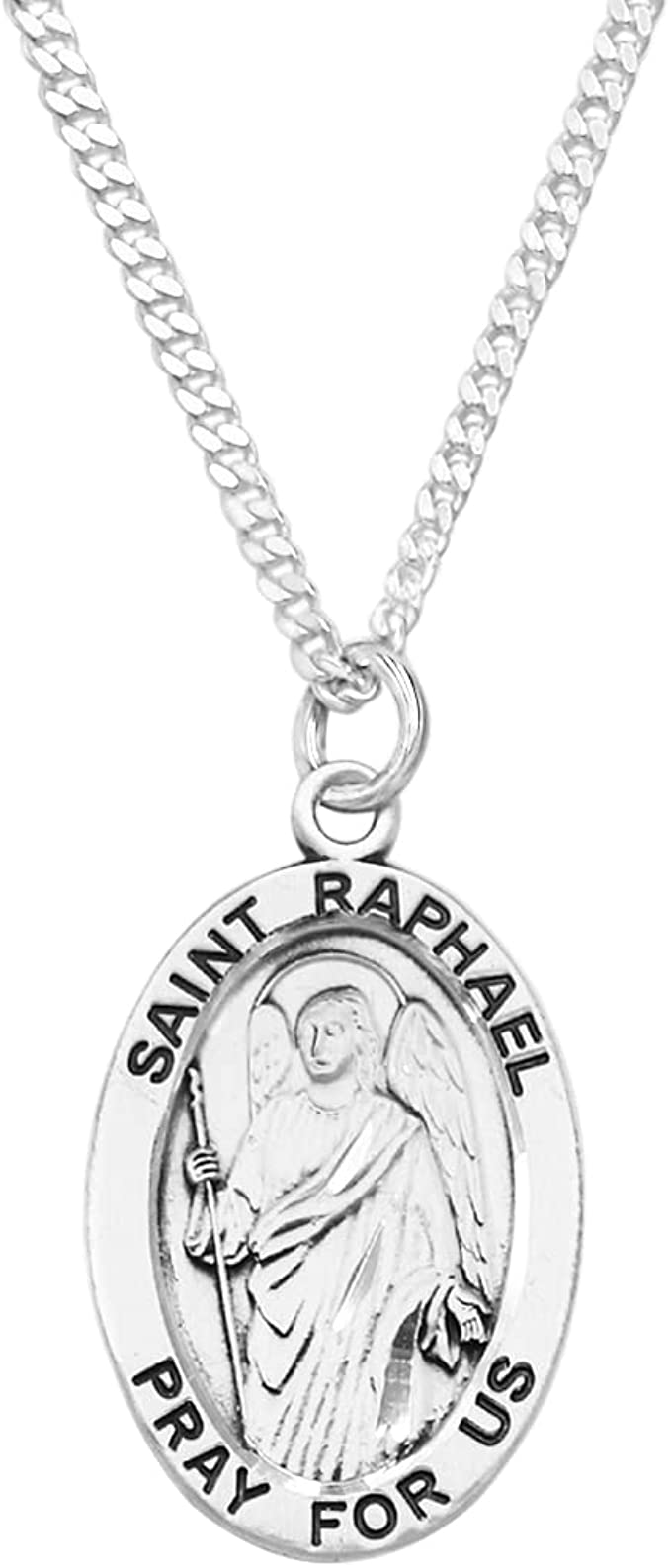 Sterling Silver Medal Pendant And Curb Chain Necklace, 24" (Saint Raphael)
