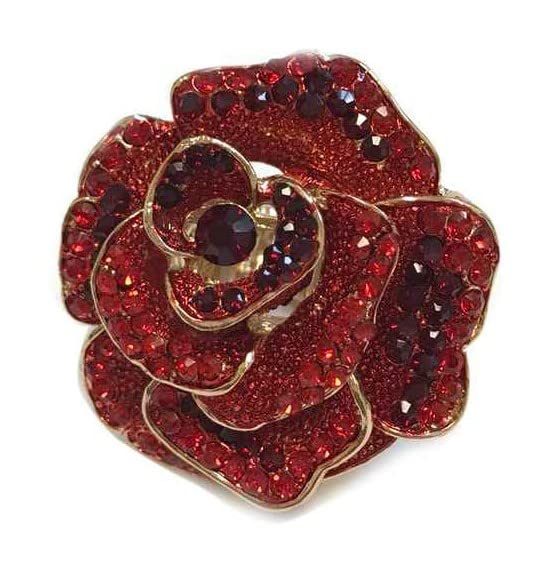 Stunning Pave Crystal Rhinestone Rose Flower Statement Stretch Cocktail Ring, 2" (Red With Gold Tone Band)