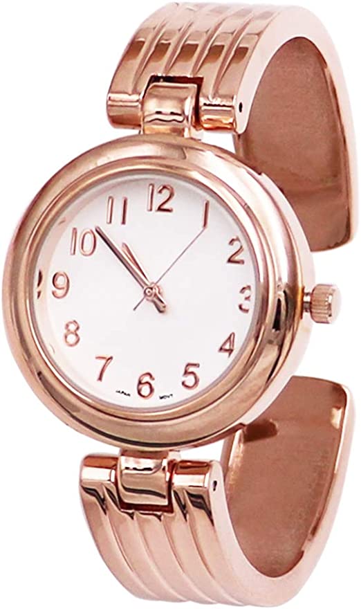 Chic And Stylish Round Face Polished Metal With Textured Stripe Cuff Band Bracelet Watch, 6.5" (Rose Gold Tone)