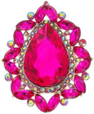 Stunning Statement Teardrop Glass Crystal Stretch Cocktail Ring (Gold Tone Fuchsia Pink Crystal )