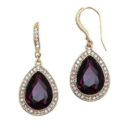 Teardrop Crystal Rhinestone Statement Drop Earrings (Gold Tone/Purple)