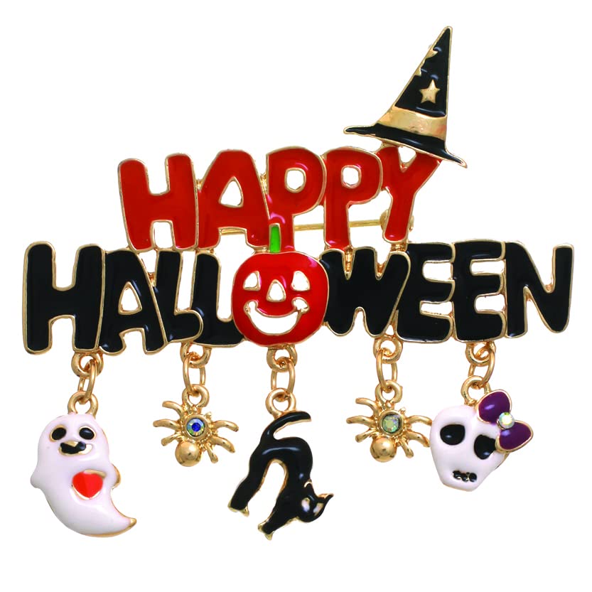 Spooktacularly Fun Colorful Enamel Charms Halloween Holiday Gold Tone Brooch, 2.62"