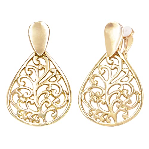 Chic Statement Metal Teardrop Shaped Filigree Cut Out Dangle Clip On Style Earrings, 2.25" (Polished Gold Tone)