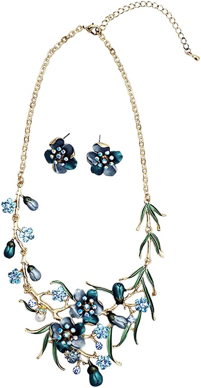 Stunning 3D Metal Flowers With Colorful Resin And Crystal Vine Necklace And Earrings Gift Set, 14"+3" Extension (Blue Aqua Flowers Blue Crystals Gold Tone POST BACK Earring)