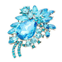 Colorful Glass Crystal Teardrop Flower Statement Brooch Pin Pendant (Aqua Blue Silver Tone)