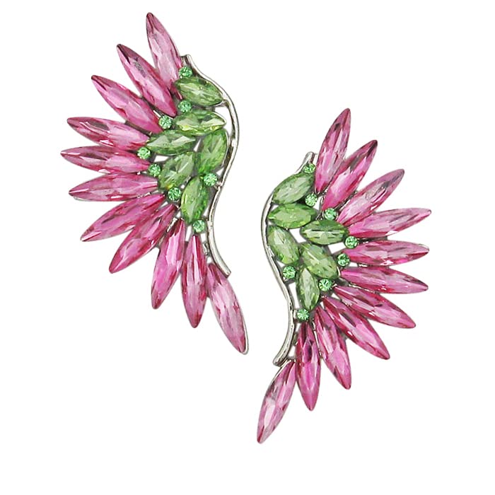 Rosemarie & Jubalee Women's Stunning Marquis Crystal Wing Dramatic Clip On Style Earrings, 2.25" (Pink And Green Spring Mix Silver Tone)