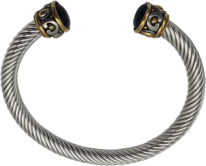 Chic Stainless Steel Twisted Cable Wire Stackable Designer Cuff With Two Tone Celtic Ends Bangle Bracelet, 6.5"