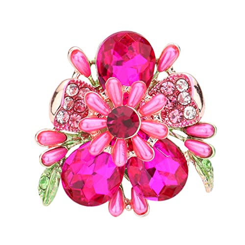 Stunning Statement Crystal Teardrop And Pave Petals With Simulated Pearl Flower Stretch Cocktail Ring, 1.75" (Fuchsia Pink Crystal Gold Tone)