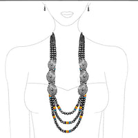 Chic Silver Tone Conchos On Extra Long Multi Strand Western Style Metallic Pearls With Howlite Beads Necklace Earrings Set, 30"+3" Extender (Multi)