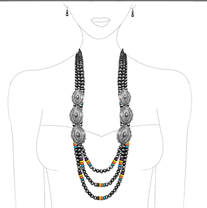 Chic Silver Tone Conchos On Extra Long Multi Strand Western Style Metallic Pearls With Howlite Beads Necklace Earrings Set, 30"+3" Extender (Multi)