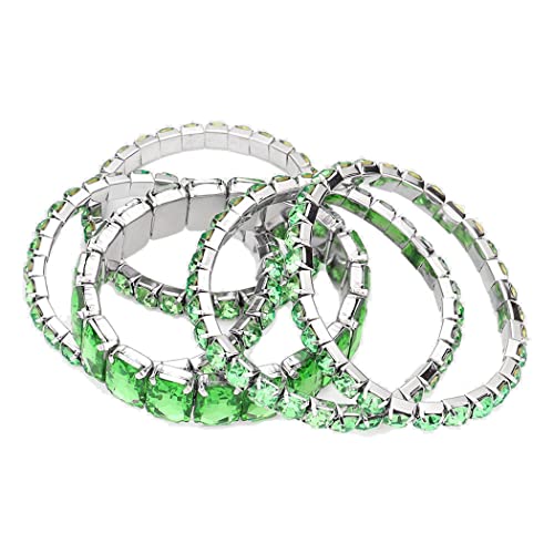 Stunning Statement Set Of 5 Colorful Crystal Rhinestone Stretch Bracelets, 6.75" (Green Crystal Silver Tone)