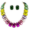 Stunning And Colorful Emerald Cut Crystal Rhinestone Statement Necklace Earrings Bridal Gift Set, 16.5"+3" Extender (Multicolored Rainbow Crystals Gold Tone)