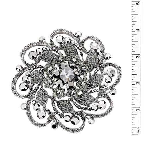 Stunning Vintage Vibes Crystal Flower And Leaf Pinwheel Statement Size Large Brooch, 4" (Black Diamond Crystal Hematite Tone)