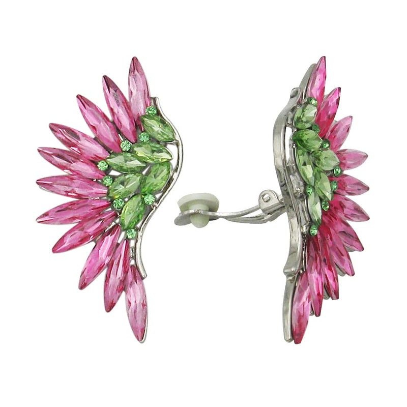 Rosemarie & Jubalee Women's Stunning Marquis Crystal Wing Dramatic Clip On Style Earrings, 2.25" (Pink And Green Spring Mix Silver Tone)