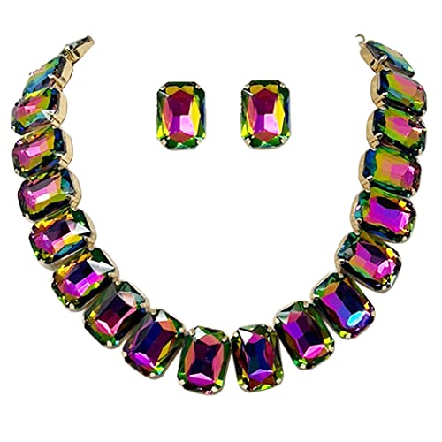 Stunning And Colorful Emerald Cut Crystal Rhinestone Statement Necklace Earrings Bridal Gift Set, 16.5"+3" Extender (Rainbow Vitrail Crystal Gold Tone)