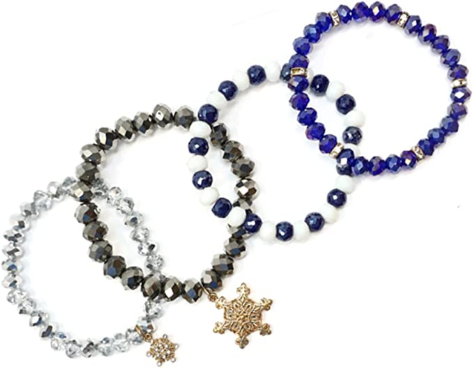 Set Of 4 Christmas Fun Faceted Crystal Bead Stacking Stretch Holiday Charm Bracelets, 6.5" (Winter Mix Blue Silver Crystals With Gold Snowflakes)