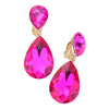 Rosemarie & Jubalee Women's Double Teardrop Statement Glass Crystal Dangle Clip On Bridal Earrings, 2" (Fuchsia Pink Gold Tone)