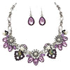 Mesmerizing Art Deco Crystal Flowers Statement Necklace Earrings Bridal Gift Set, 15"+3" Extender (Purple Crystal Silver Tone)
