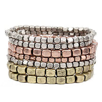 Rosemarie Collections Women's Chunky Nugget Stacking Statement Stretch Bracelet Set of 7 (Burnished Tri Tone Silver/Gold/Copper)