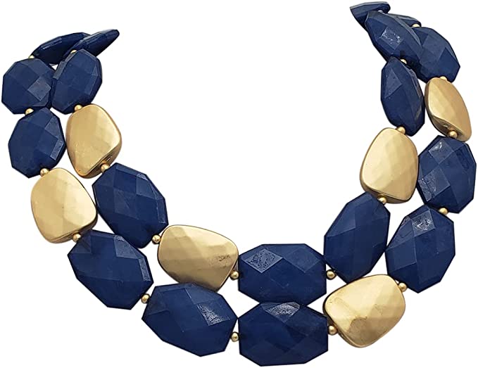 Chic Matte Gold Tone Double Row Resin Bead Statement Necklace, 17"+3" Extender (Blue)