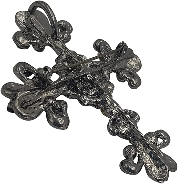 Vintage Vibes Stunning Crystal Rhinestone Christian Cross Brooch With Pendant Loop, 2.75 (Hematite Black Crystal Hematite Tone)