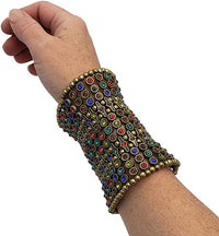 Absolutely Stunning Burnished Gold Tone Hand Beaded Metal Chainmail With Colorful Crystal Rhinestone Centers Statement Making Extra Wide Stretch Armband Cuff Bracelet, 7-8"