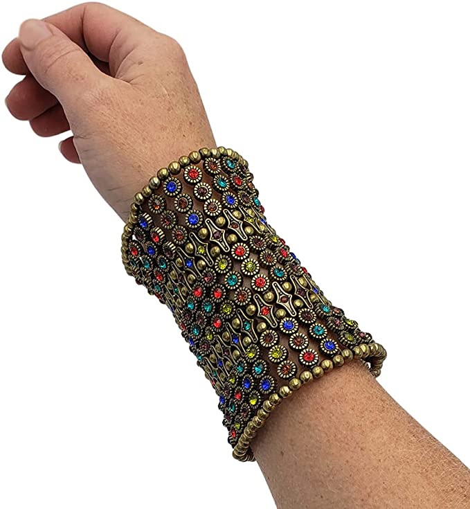 Absolutely Stunning Burnished Gold Tone Hand Beaded Metal Chainmail With Colorful Crystal Rhinestone Centers Statement Making Extra Wide Stretch Armband Cuff Bracelet, 7-8"