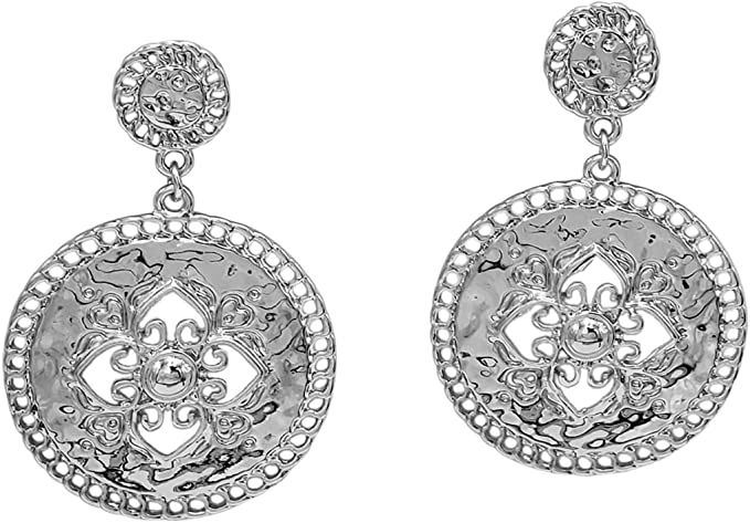 Unique Flower Filagree Textured Metal Polished Disc Clip On Style Dangle Earrings, 2.5" (Silver Tone)