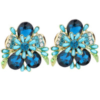 Stunning Crystal Teardrop And Pave Petals With Simulated Pearl Statement Flower Clip On Style Earrings, 1.75" (Blue Crystal Gold Tone)